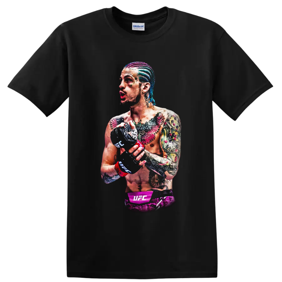 Sean O'Malley illustrated UFC fighter portrait with colorful braids, tattoos, and gloves on a Black T Shirt