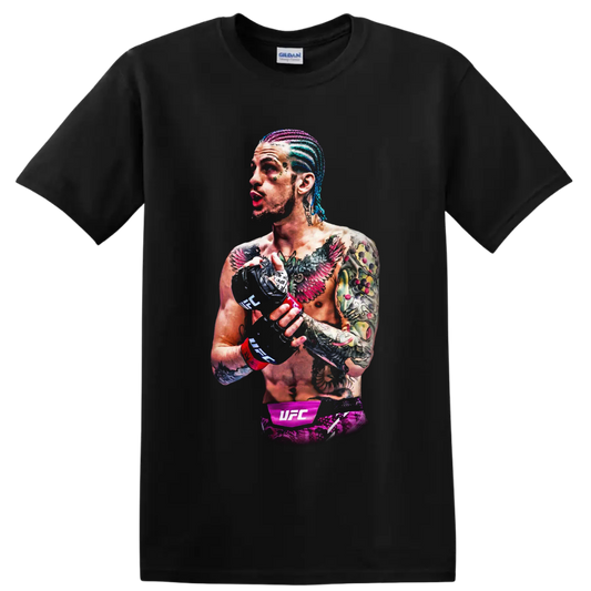 Sean O'Malley illustrated UFC fighter portrait with colorful braids, tattoos, and gloves on a Black T Shirt
