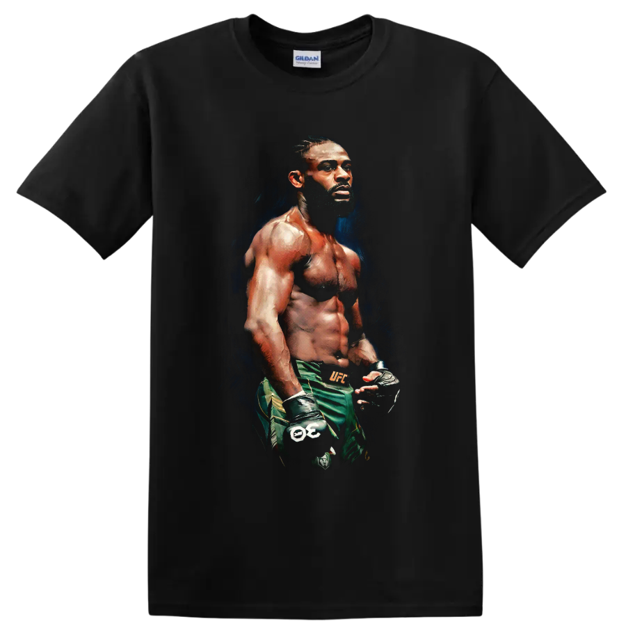 Aljamain Sterling painted MMA fighter portrait in gloves and green fight shorts on a Black T Shirt