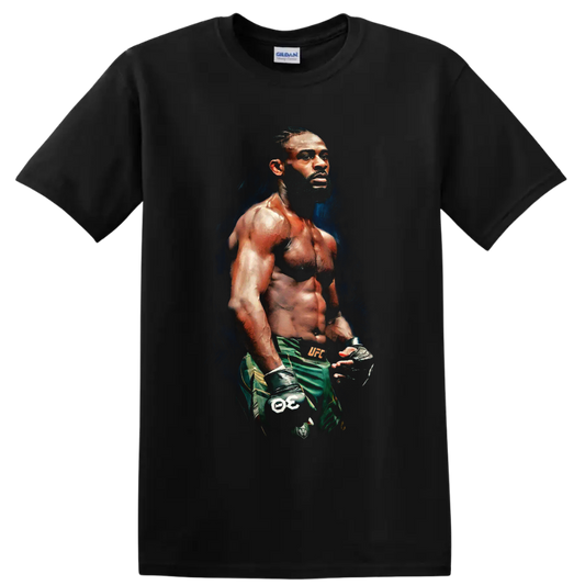 Aljamain Sterling painted MMA fighter portrait in gloves and green fight shorts on a Black T Shirt