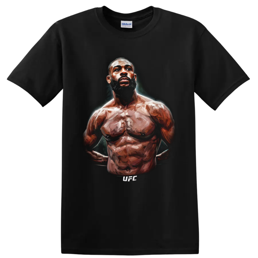 Aljamain Sterling painted UFC fighter portrait with dramatic brushwork on a Black T Shirt
