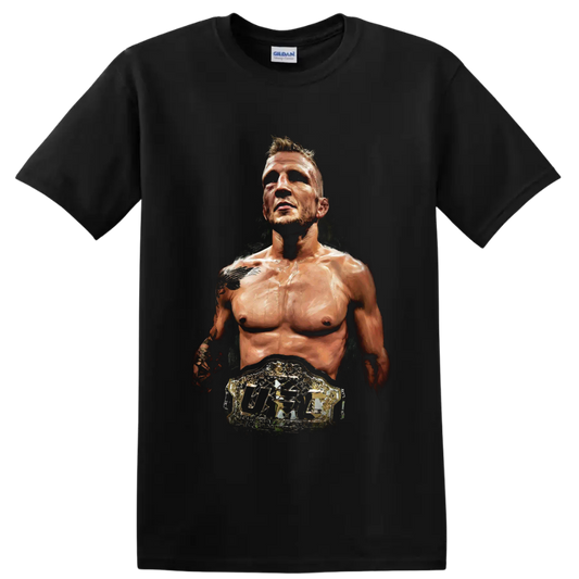 T.J. Dillashaw painterly MMA portrait wearing an ornate UFC championship belt on a Black T Shirt