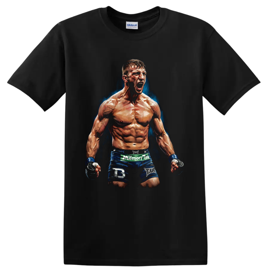 Ricky Hatton roaring fighter portrait with blue shorts and painted blue backdrop on a Black T Shirt