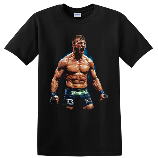 Ricky Hatton roaring fighter portrait with blue shorts and painted blue backdrop on a Black T Shirt