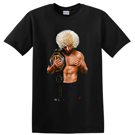 Khabib Nurmagomedov portrait in papakha hat holding a gold championship belt on a Black T Shirt