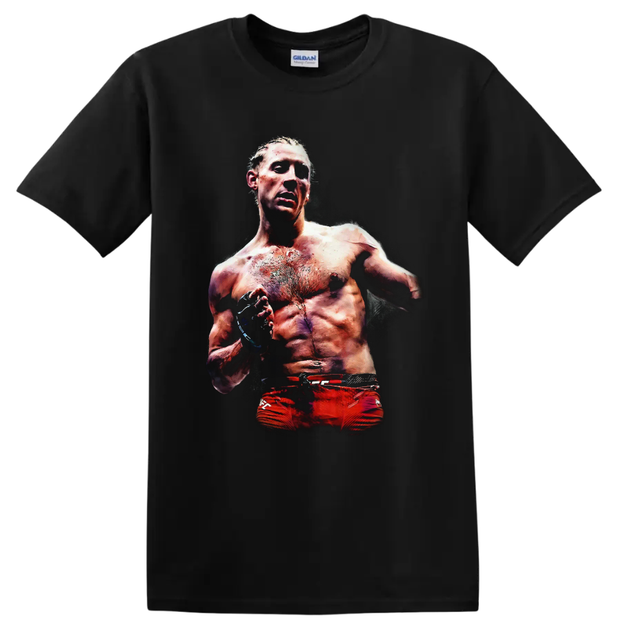Paddy Pimblett MMA fighter portrait graphic with gloves and gritty dramatic lighting on a Black T Shirt