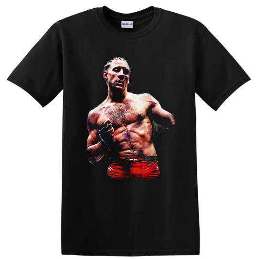 Paddy Pimblett MMA fighter portrait graphic with gloves and gritty dramatic lighting on a Black T Shirt