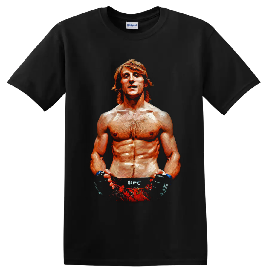 Paddy Pimblett painted portrait with MMA gloves and red fight shorts on a Black T Shirt