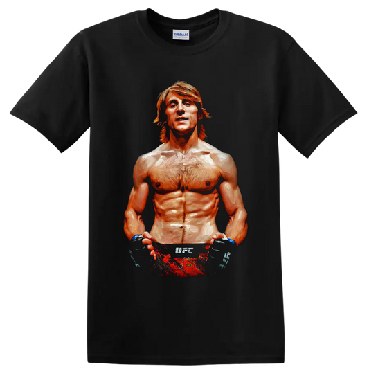 Paddy Pimblett painted portrait with MMA gloves and red fight shorts on a Black T Shirt