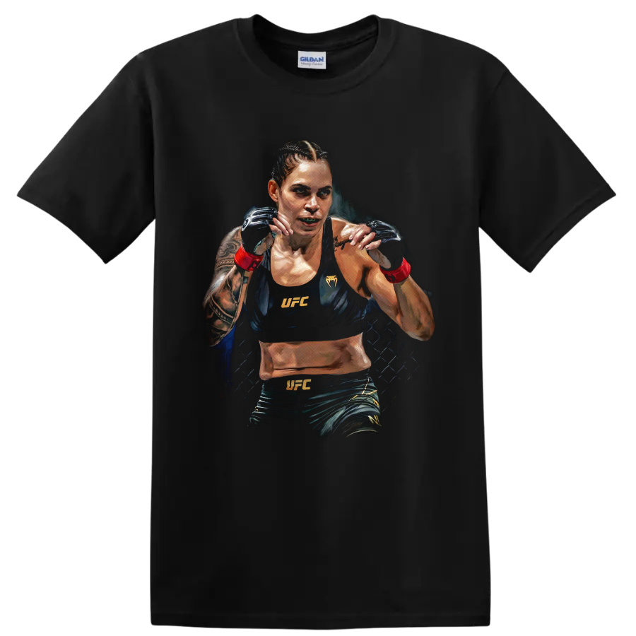 Amanda Nunes in a painted UFC guard stance with gloves, red wraps, and cage backdrop on a Black T Shirt