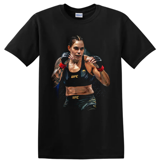 Amanda Nunes in a painted UFC guard stance with gloves, red wraps, and cage backdrop on a Black T Shirt