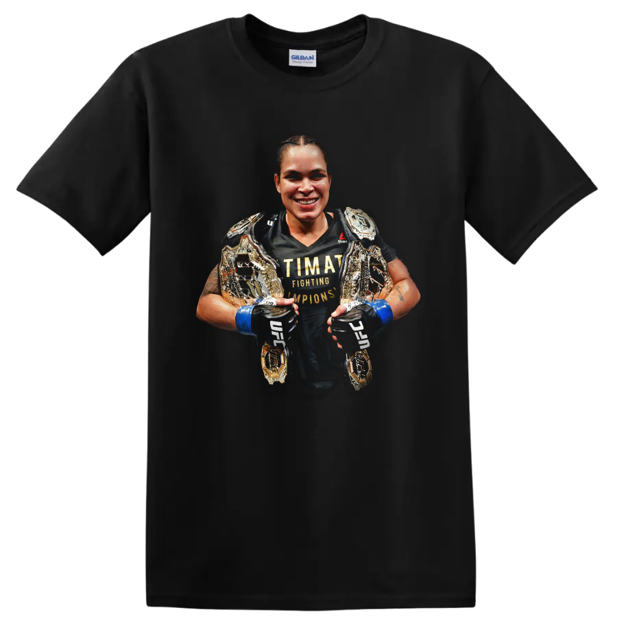 Amanda Nunes portrait with championship belts and blue MMA gloves on a Black T Shirt