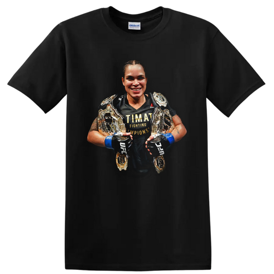 Amanda Nunes portrait with championship belts and blue MMA gloves on a Black T Shirt