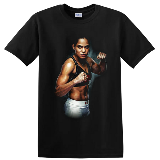 Amanda Nunes The Lioness MMA fighter portrait with raised fists in painted style on a Black T Shirt