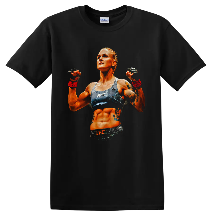 Valentina Shevchenko UFC fighter portrait in dramatic orange and blue graphic art on a Black T Shirt