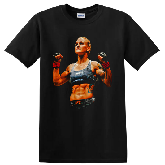 Valentina Shevchenko UFC fighter portrait in dramatic orange and blue graphic art on a Black T Shirt
