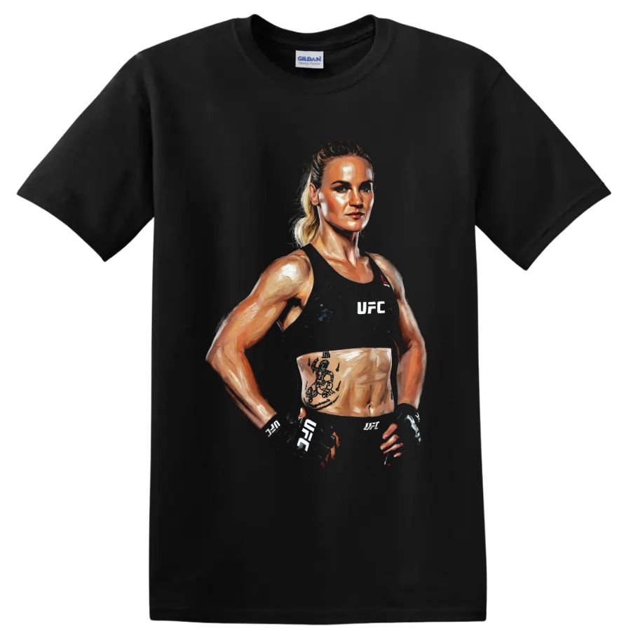 Valentina Shevchenko UFC fighter portrait in expressive painted combat sports style on a Black T Shirt