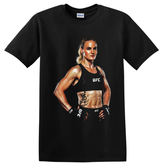 Valentina Shevchenko UFC fighter portrait in expressive painted combat sports style on a Black T Shirt