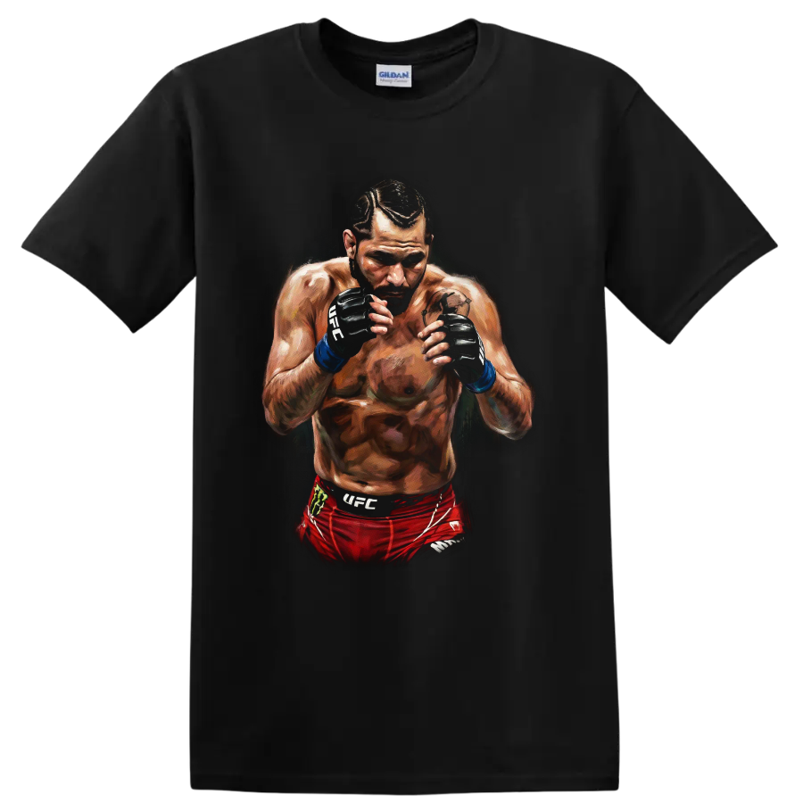 Jorge Masvidal Gamebred MMA fighter portrait in a dramatic painted fighting stance on a Black T Shirt