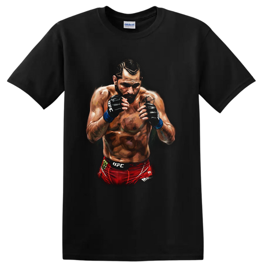 Jorge Masvidal Gamebred MMA fighter portrait in a dramatic painted fighting stance on a Black T Shirt
