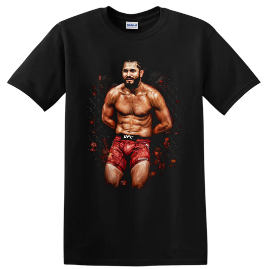 Jorge Masvidal Gamebred MMA fighter portrait in gritty painterly cage art on a Black T Shirt