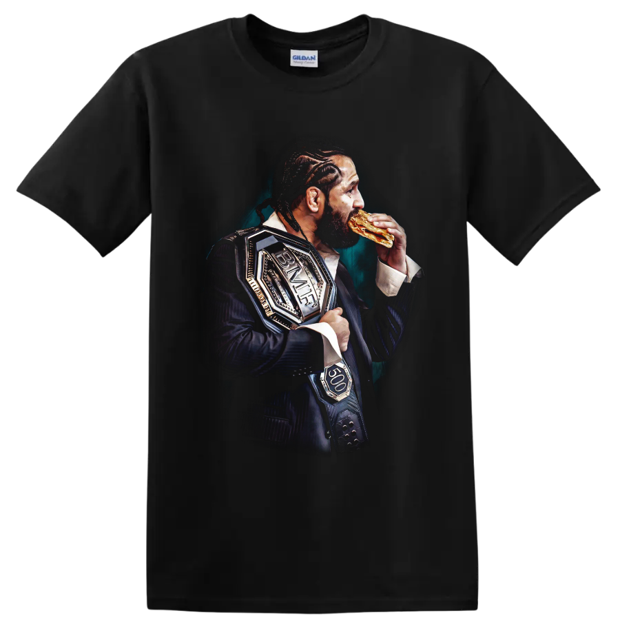 Jorge Masvidal portrait in a suit with BMF belt and sandwich on a Black T Shirt