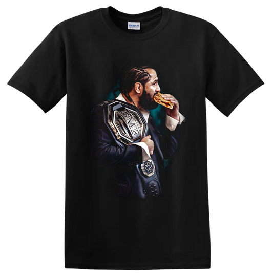 Jorge Masvidal portrait in a suit with BMF belt and sandwich on a Black T Shirt