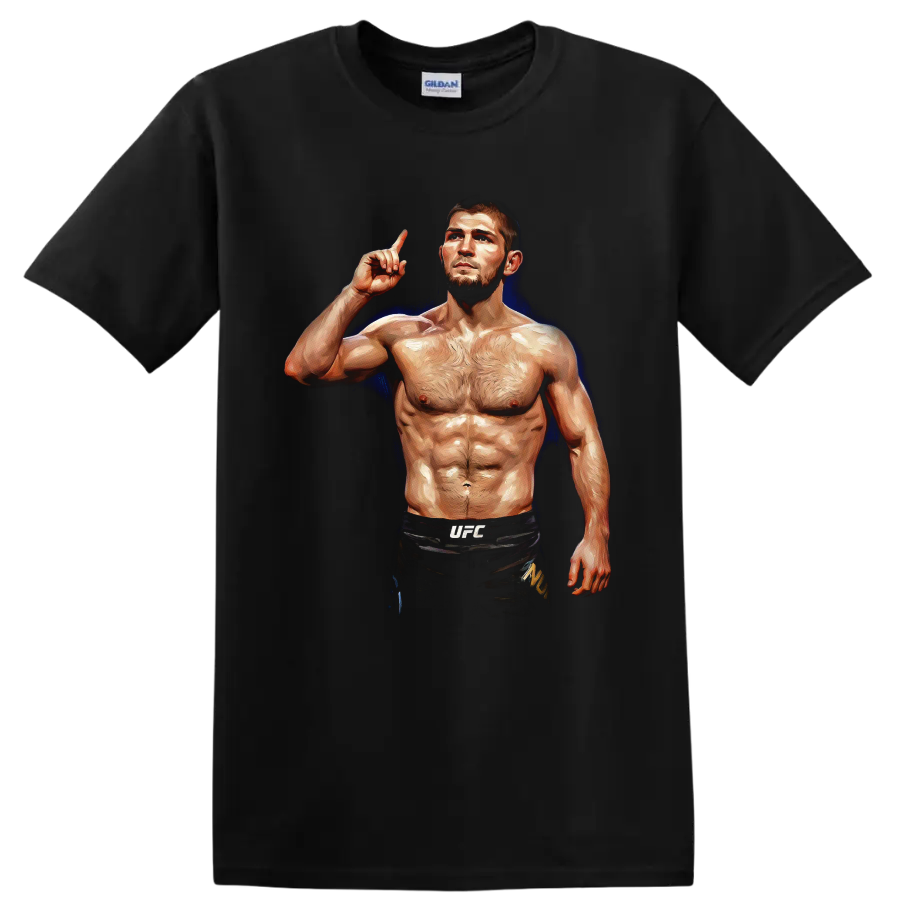 Khabib Nurmagomedov painterly MMA fighter portrait with raised finger and blue glow on a Black T Shirt