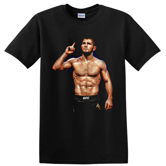 Khabib Nurmagomedov painterly MMA fighter portrait with raised finger and blue glow on a Black T Shirt