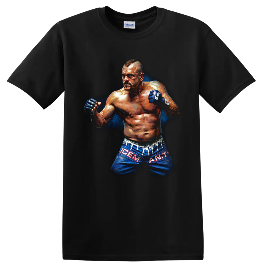 Chuck Liddell The Iceman painted MMA fighter portrait with raised gloves on a Black T Shirt