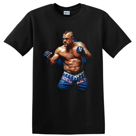 Chuck Liddell The Iceman painted MMA fighter portrait with raised gloves on a Black T Shirt