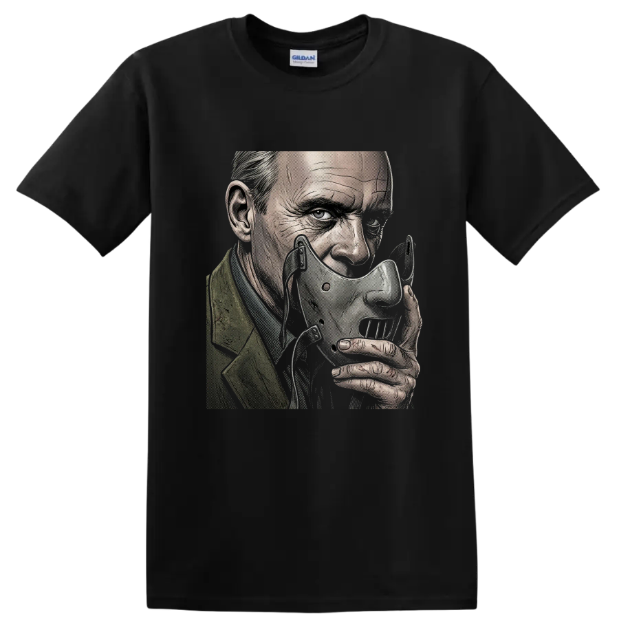 Hannibal Lecter wearing his signature mask in gothic halftone art on a Black T Shirt