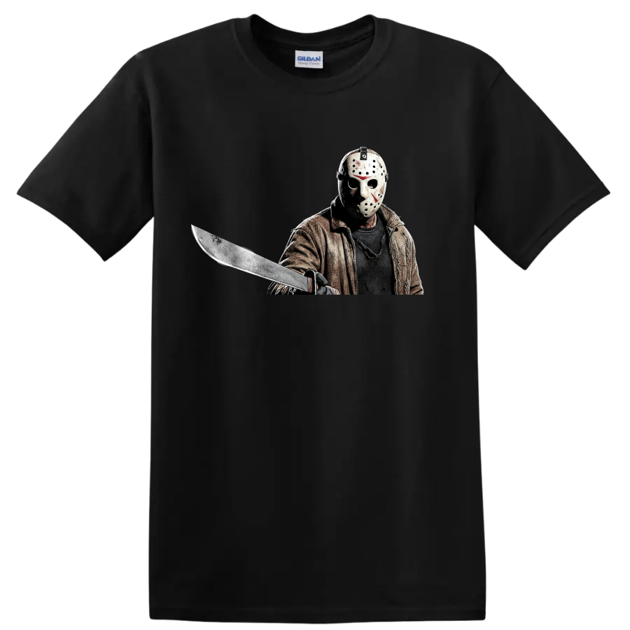 Jason Voorhees masked slasher holding a machete in gritty halftone art on a Black T Shirt