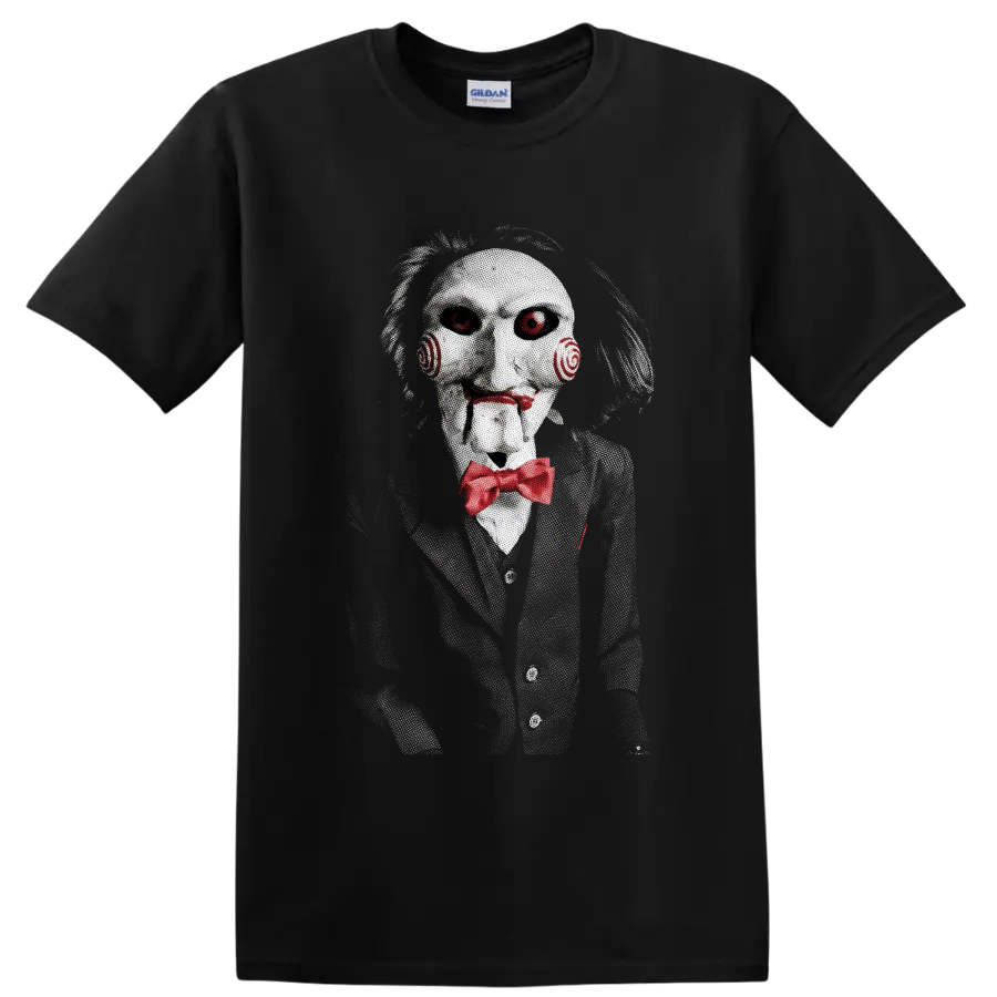 Billy the Puppet from Saw in a creepy horror graphic with red bow tie on a Black T Shirt