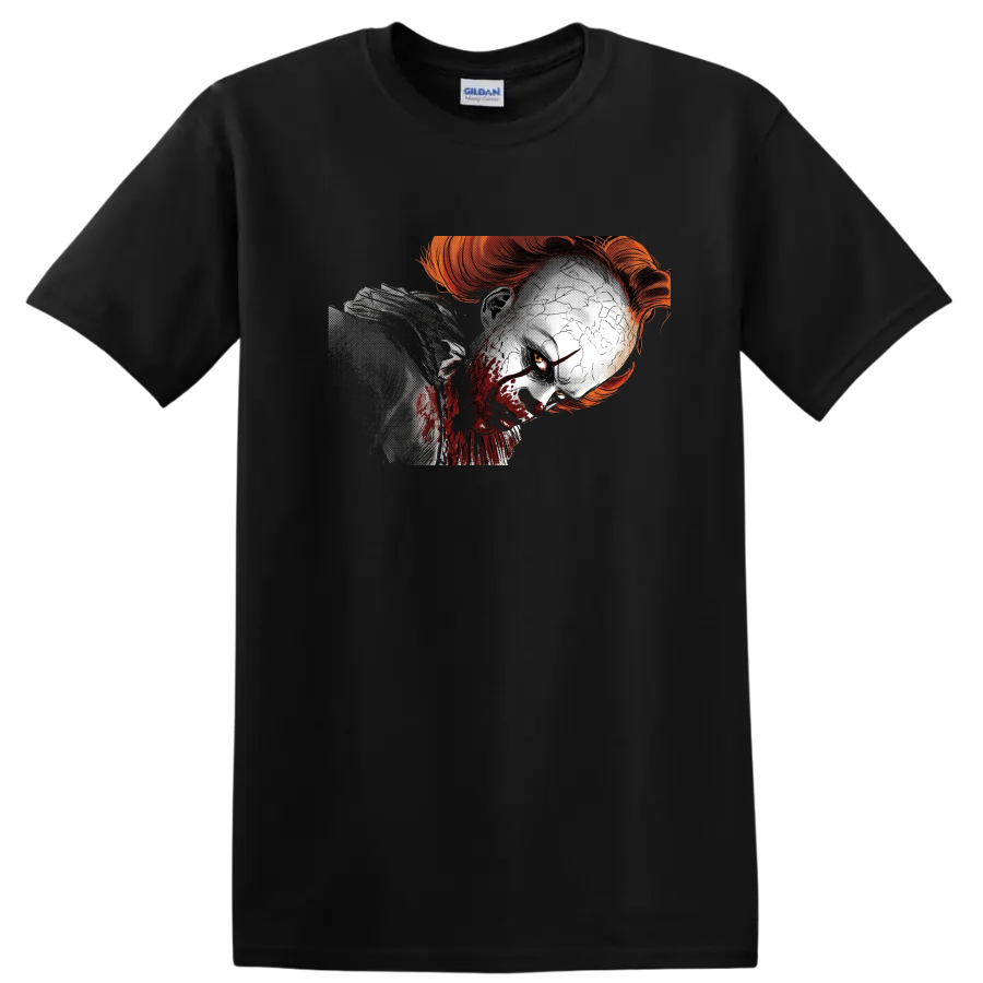 Pennywise from It distressed horror clown face graphic on a Black T Shirt