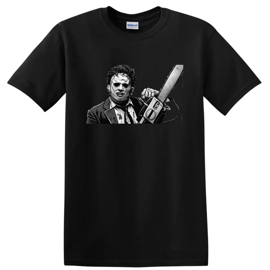 Leatherface holding a chainsaw in gritty black-and-white halftone art on a Black T Shirt