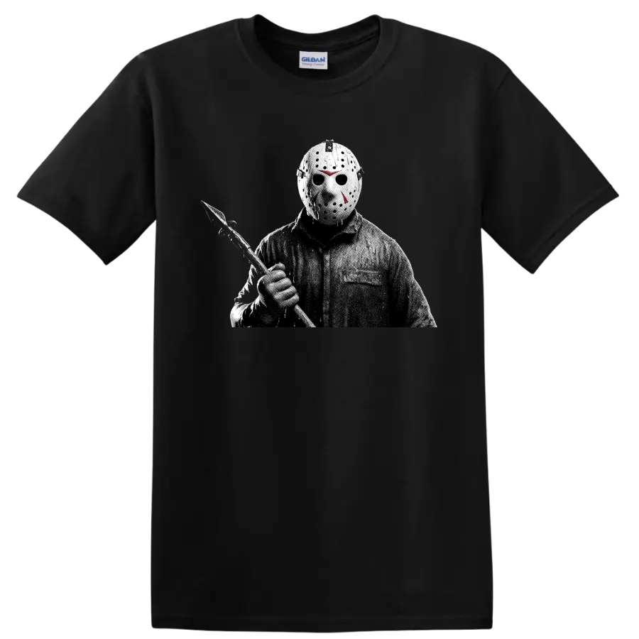 Jason Voorhees hockey mask and machete horror halftone graphic on a Black T Shirt