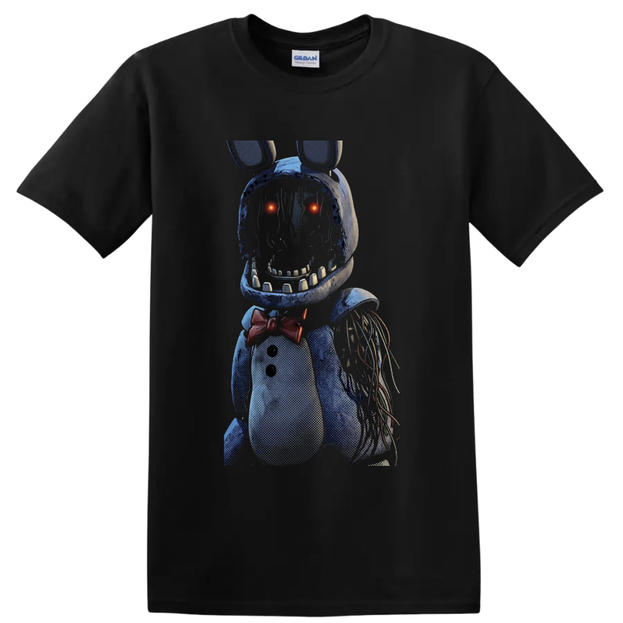 Withered Bonnie animatronic horror graphic with glowing eyes and exposed wires on a Black T Shirt