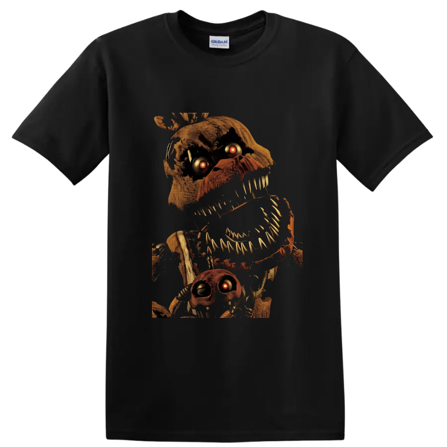 Nightmare Chica distressed animatronic horror graphic with glowing eyes on a Black T Shirt