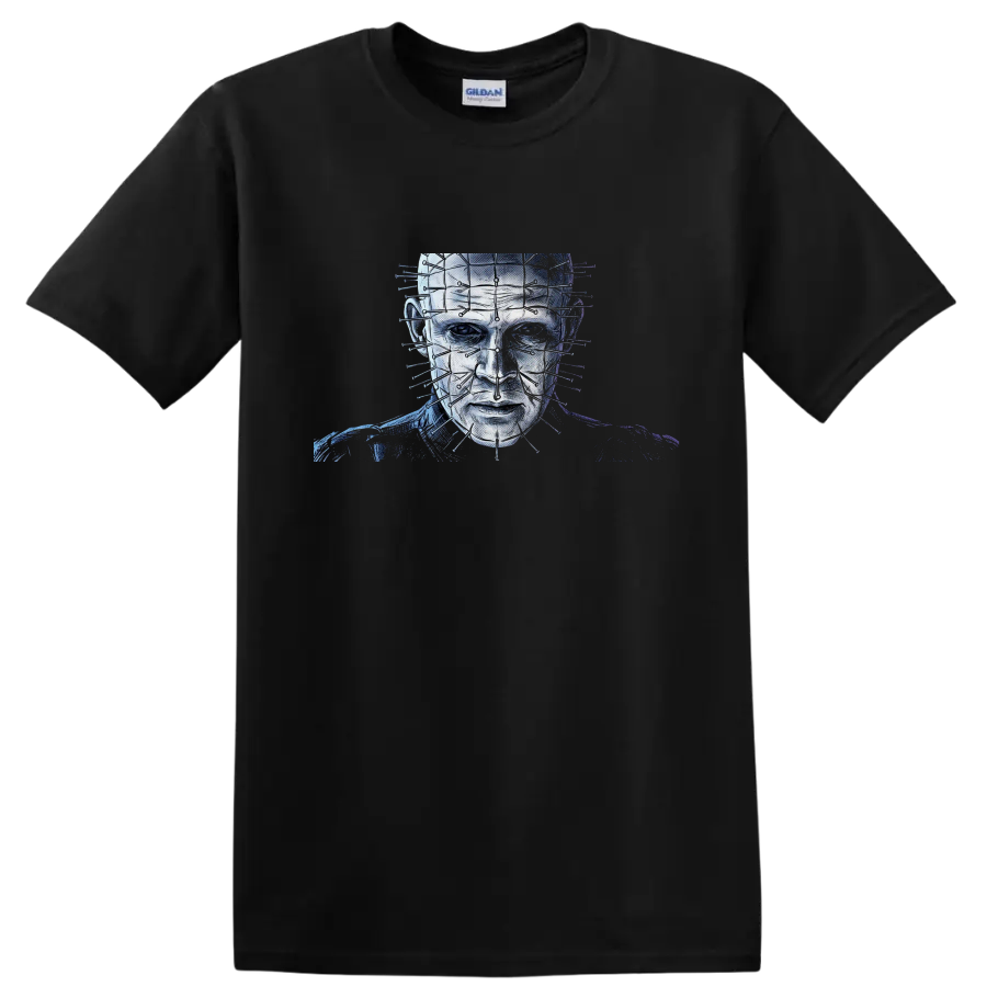 Pinhead Hellraiser gothic horror portrait with geometric pins on a Black T Shirt