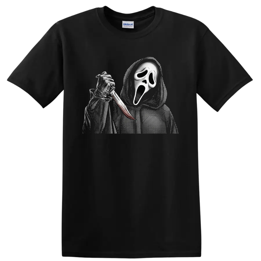 Ghostface from Scream in a hood holding a knife, vintage halftone horror art on a Black T Shirt