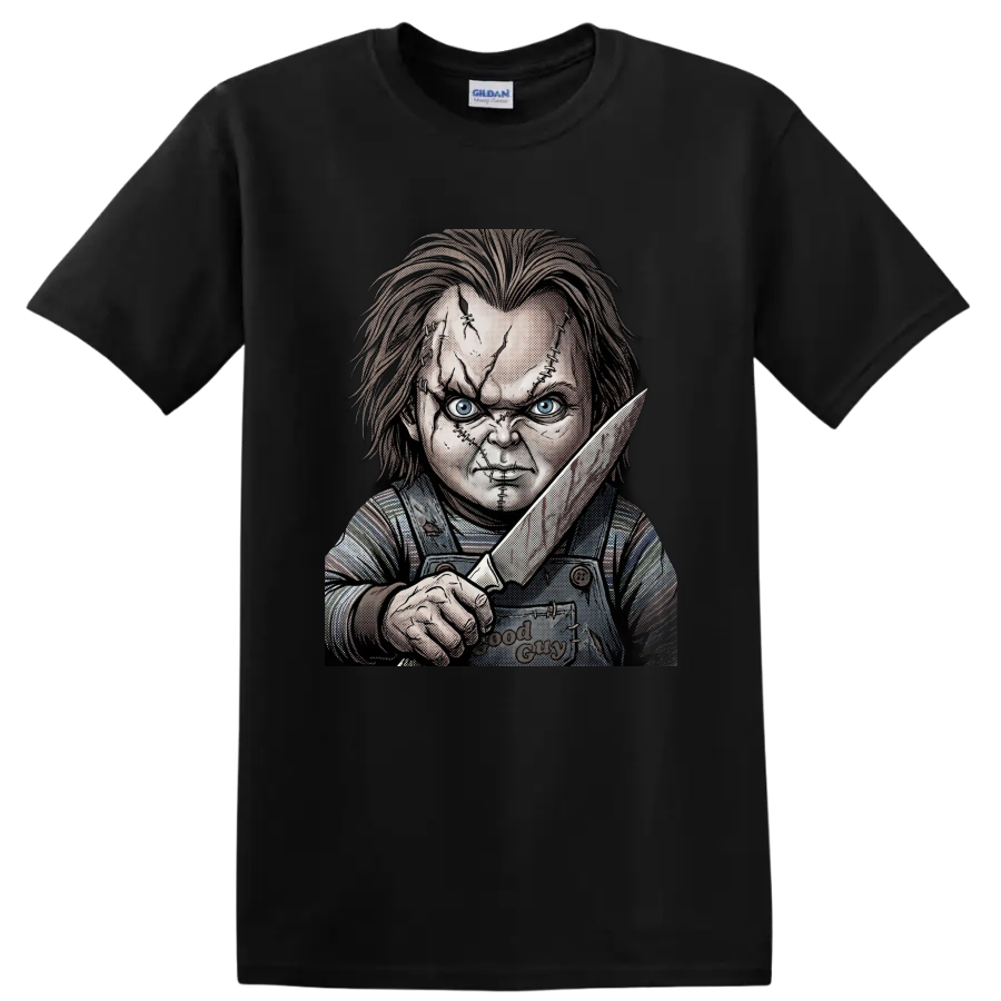 Chucky Child's Play 2 stitched face knife horror graphic on a Black T Shirt