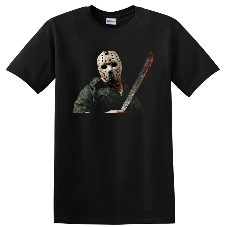 Jason Voorhees masked with machete, distressed horror graphic on a Black T Shirt