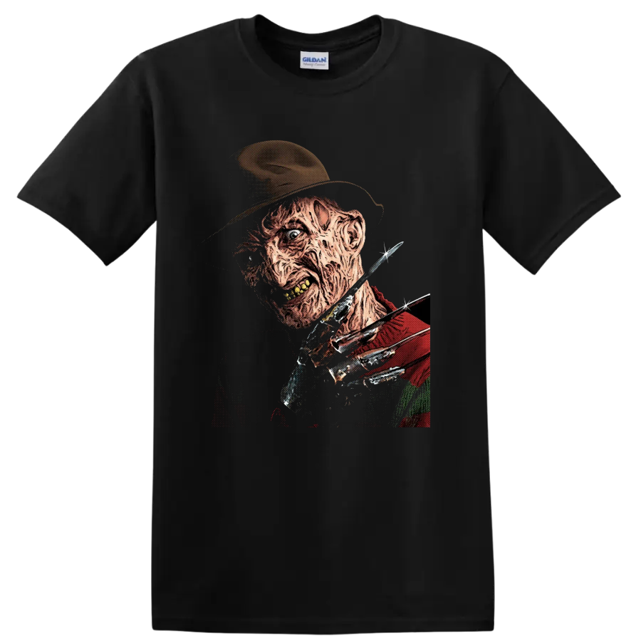Freddy Krueger vintage horror portrait with bladed glove on a Black T Shirt