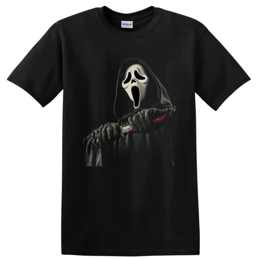 Distressed Ghostface Scream horror mask graphic on a Black T Shirt