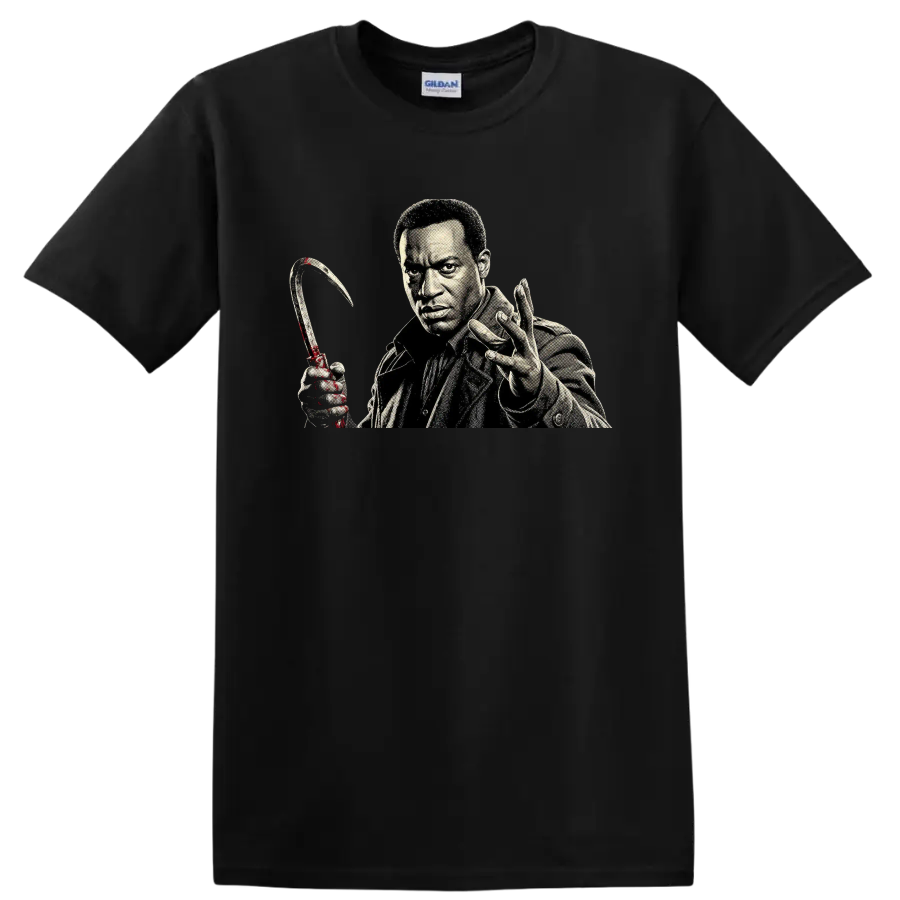 Candyman horror character portrait with curved hook graphic on a Black T Shirt