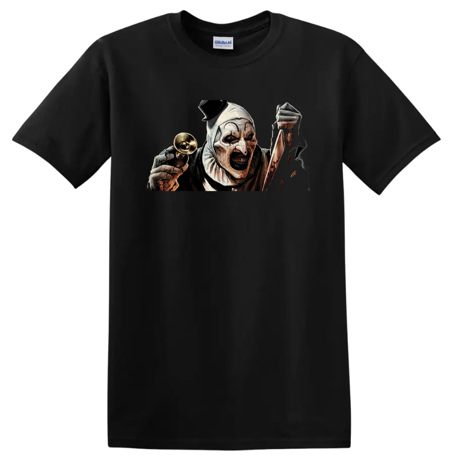 Art the Clown Terrifier horror illustration with bell and bloody knife on a Black T Shirt