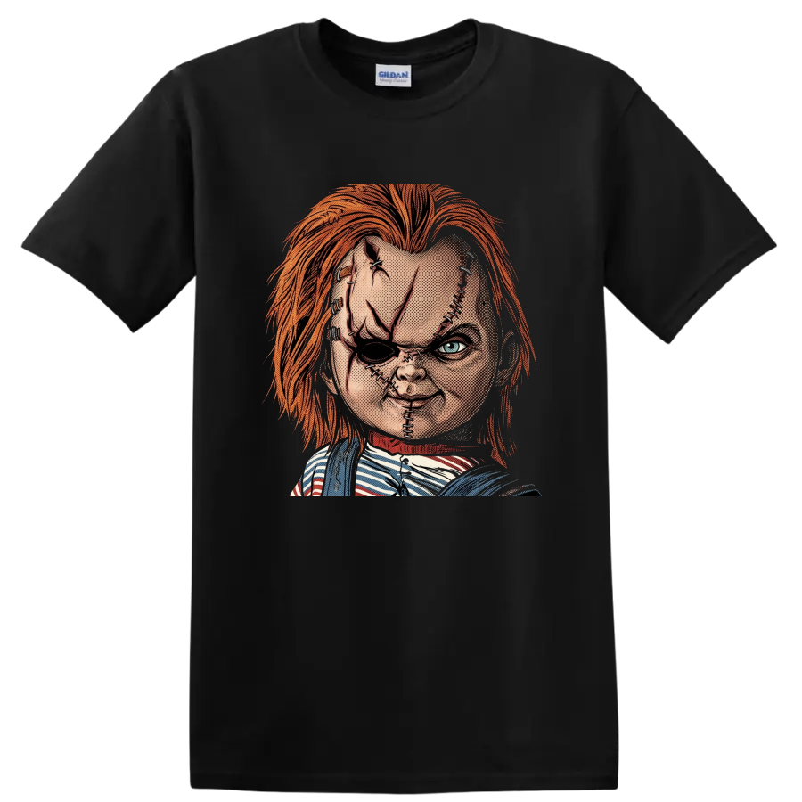 Chucky Child's Play 2 stitched killer doll vintage comic-style portrait on a Black T Shirt