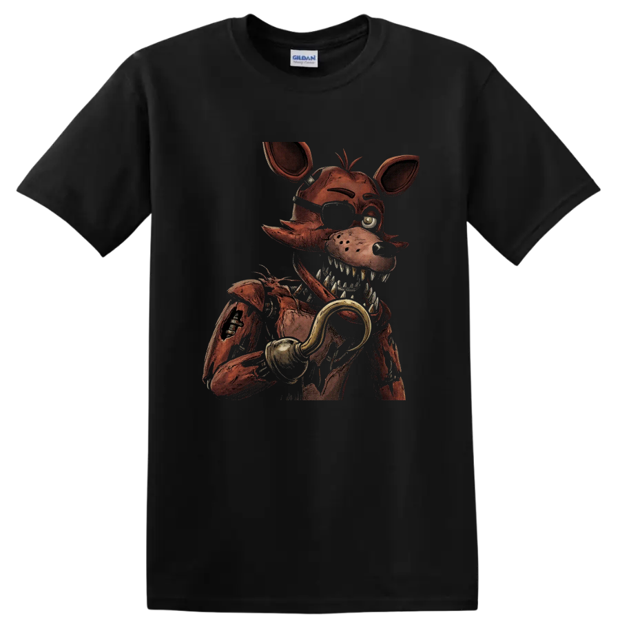 Withered Foxy distressed pirate animatronic horror graphic on a Black T Shirt