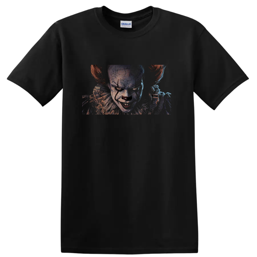 Pennywise from It sinister clown portrait graphic print on a Black T Shirt